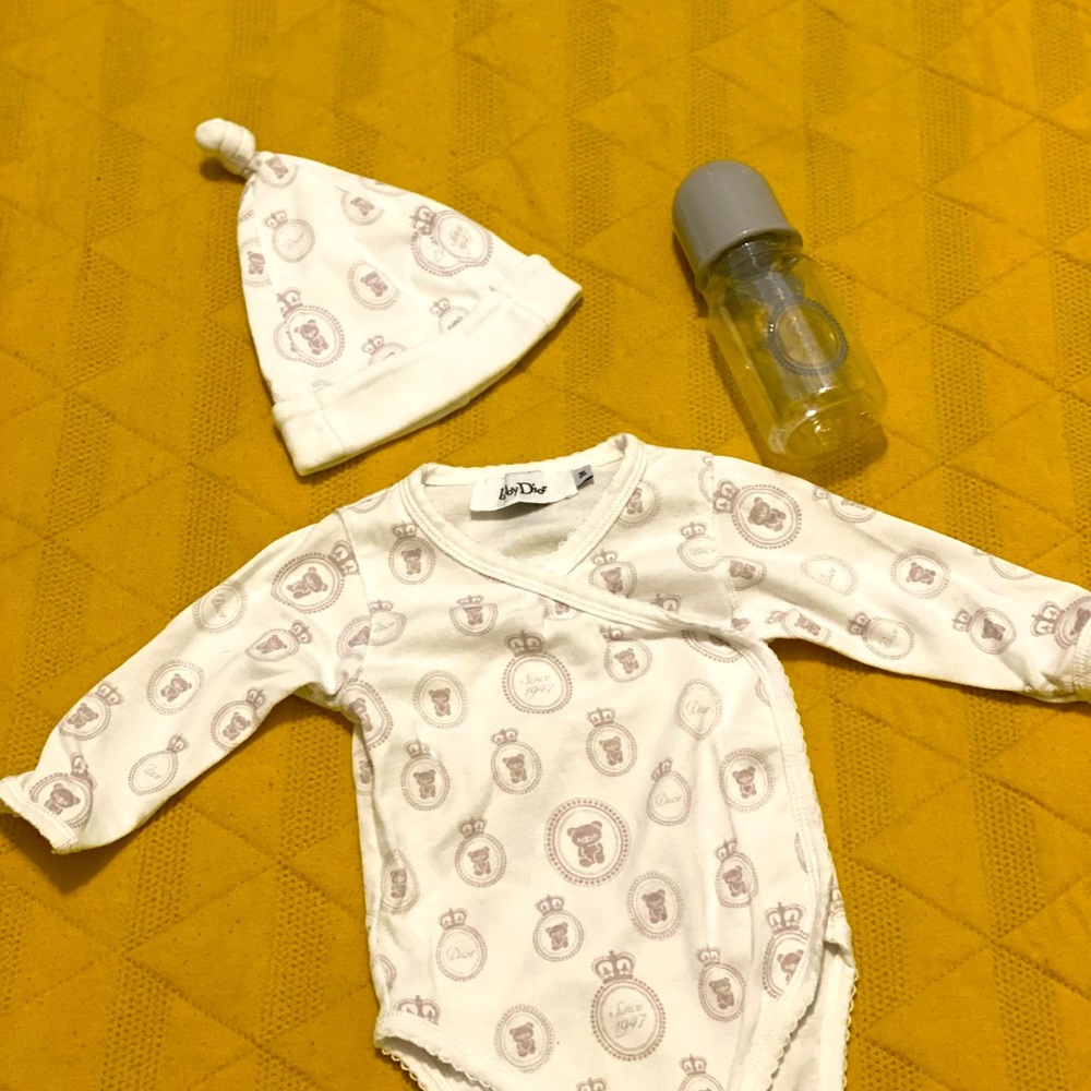 Dior baby 3M onesie with bottle and cap.